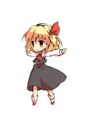Rule 34 | 1girl, arms up, ascot, black eyes, blonde hair, blush, chibi, collar, collared shirt, dairi, full body, grey skirt, grey vest, hair between eyes, hair ribbon, hands up, long skirt, long sleeves, looking to the side, open mouth, red ascot, red eyes, red footwear, red ribbon, ribbon, rumia, shaded face, shirt, shoes, short hair, simple background, skirt, socks, solo, standing, tachi-e, touhou, transparent background, vest, white background, white shirt, white sleeves, white socks