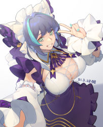 Rule 34 | 1girl, aqua nails, artist name, ascot, azur lane, bow, breasts, cheshire (azur lane), cleavage, cross, cross-laced clothes, dated, detached sleeves, dress, eyelashes, fingernails, frilled bow, frills, green eyes, grin, hair bow, hair intakes, highres, huge breasts, maid headdress, multicolored hair, nail polish, purple dress, purple hair, selfie, smile, solo, streaked hair, v, vinegar kira, wrist cuffs
