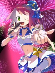 Rule 34 | 1girl, bare arms, blush, bow, fireworks, frilled bracelet, frilled skirt, frills, green eyes, hair bow, hat, sonia strumm (mega man), highres, holding, holding microphone, idol, microphone, midriff, mini hat, miniskirt, one eye closed, open mouth, purple hair, mega man (series), mega man star force, short hair, sijimi061, skirt, sleeveless, smile, solo
