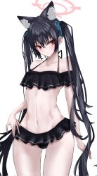 Rule 34 | 1girl, animal ear fluff, animal ears, bikini, black hair, blue archive, cat ears, closed mouth, cowboy shot, halo, highres, long hair, looking at viewer, navel, off-shoulder bikini, off shoulder, red eyes, ruko (user zdfp4487), serika (blue archive), serika (swimsuit) (blue archive), simple background, solo, standing, swimsuit, twintails, white background