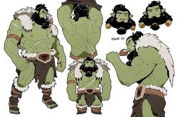 Rule 34 | 1boy, abs, bara, beard, blank stare, character profile, character sheet, chicken leg, collage, colored skin, cross scar, deformed, eating, facial hair, from side, full body, green skin, huge pectorals, large pectorals, loincloth, long beard, looking at viewer, low-braided long hair, low-tied long hair, male focus, mature male, monster boy, multiple views, muscular, muscular male, nervous sweating, nipples, orc, original, pectorals, pikat, pointy ears, scar, scar across eye, scar on arm, scar on back, scar on chest, scar on stomach, standing, stomach, strongman waist, surprised, sweat, thick eyebrows, tied beard, topless male, tusks, undressing, wide-eyed