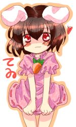 Rule 34 | 1girl, animal ears, blush, blush stickers, brown hair, carrot, carrot necklace, dress, female focus, heart, inaba tewi, jewelry, looking at viewer, necklace, phantasmagoria of flower view, pink dress, puffy short sleeves, puffy sleeves, rabbit ears, red eyes, ribbon-trimmed clothes, ribbon trim, sakurano, short hair, short sleeves, simple background, solo, touhou, white background