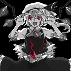 Rule 34 | 1girl, blood, fangs, female focus, flandre scarlet, hat, monochrome, nakatani, ponytail, red eyes, short hair, side ponytail, solo, spot color, touhou, wings, you gonna get raped