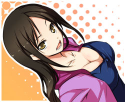 Rule 34 | 00s, 10s, 1girl, breasts, brown eyes, brown hair, cleavage, downblouse, dutch angle, from above, halftone, halftone background, hirase yuu, hood, hooded jacket, idolmaster, idolmaster cinderella girls, idolmaster dearly stars, jacket, large breasts, long hair, mukai takumi, open mouth, solo
