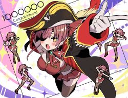Rule 34 | 1girl, blush, breasts, brown thighhighs, cleavage, closed eyes, coat, congratulations, covered navel, eyepatch, gloves, hair ribbon, high heels, highres, hololive, houshou marine, large breasts, long hair, long sleeves, milestone celebration, multiple views, open mouth, pleated skirt, red hair, red skirt, ribbon, see-through, see-through cleavage, sidelocks, skirt, sleeveless, thighhighs, tsumumi (kandume103), twintails, virtual youtuber, white gloves