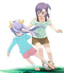 Rule 34 | 2girls, a1 (initial-g), aqua sweater, ball, black tank top, brown skirt, collarbone, commentary request, covered face, facing away, floating hair, from behind, grass, green sweater, hair ribbon, kicking, kneepits, long hair, long sleeves, medium hair, miyauchi hikage, miyauchi renge, multiple girls, non non biyori, off-shoulder sweater, off shoulder, one side up, open mouth, outdoors, pink shorts, purple eyes, purple hair, purple tank top, ribbon, sandals, shoes, short sleeves, shorts, siblings, sisters, skirt, soccer, soccer ball, socks, sweater, tank top, twintails, wavy mouth, white background, white socks, yellow ribbon