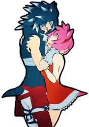 Rule 34 | 1boy, 1girl, amy rose, bad id, bad tumblr id, black hair, dress, eye contact, green eyes, grey background, hairband, highres, licking lips, looking at another, muscular, personification, pink hair, sleeveless, sonic (series), sonic the hedgehog, sonic unleashed, spiked hair, tabletorgy, tongue, tongue out, transparent background, werehog