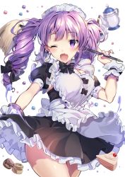 Rule 34 | 1girl, ;d, aisha landar, apron, bad id, bad pixiv id, black bow, black bowtie, black dress, blush, bow, bowtie, cake, cherry, cup, dessert, dress, duster, elsword, fang, food, fruit, hair bow, holding, holding duster, looking at viewer, maid, maid apron, maid headdress, one eye closed, open mouth, pastry, pinb, plate, puffy short sleeves, puffy sleeves, purple hair, scrunchie, short sleeves, smile, solo, teacup, teapot, twintails, white apron, white background, white scrunchie, wrist scrunchie