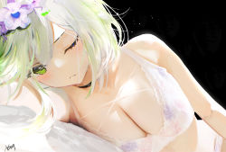 Rule 34 | 1girl, animal ears, arknights, artist name, bare shoulders, black background, black choker, bra, breasts, choker, cleavage, commentary request, flower, flower on head, green eyes, highres, kal&#039;tsit (arknights), large breasts, light green hair, lingerie, long sleeves, looking at viewer, lying, material growth, omone hokoma agm, on side, one eye closed, oripathy lesion (arknights), short hair, simple background, solo, underwear, upper body, white bra