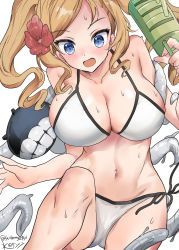 Rule 34 | 1girl, abyssal ship, artist name, bare arms, bare legs, bare shoulders, bikini, blonde hair, blue eyes, blush, breasts, collarbone, enemy naval mine (kancolle), flower, hair flower, hair ornament, hibiscus, highres, honolulu (kancolle), kantai collection, large breasts, long hair, mizuta kenji, navel, one-hour drawing challenge, open mouth, red flower, signature, simple background, solo, swimsuit, tentacles, twintails, twitter username, white background, white bikini