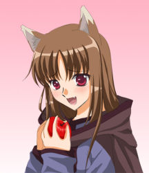 Rule 34 | 00s, 1girl, animal ears, apple, blush, brown hair, fang, food, fruit, gradient background, holding, holding food, holding fruit, holo, long hair, open mouth, pink background, sinko, solo, spice and wolf, upper body, wolf ears