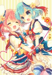 Rule 34 | 1boy, 1girl, :d, ^ ^, arm grab, bad id, bad pixiv id, blue bow, blue eyes, blue hair, blush, bow, bowtie, brother and sister, closed eyes, crossdressing, dorothy west, fang, floral background, flower, frilled skirt, frills, hand on another&#039;s face, hat, heart, heart of string, hetero, holding hands, idol, layered skirt, reona west, nekoto rina, open mouth, pink hair, pretty series, pripara, puffy short sleeves, puffy sleeves, red bow, sailor collar, short hair, short sleeves, siblings, skirt, smile, star (symbol), striped, striped background, thighhighs, trap, twins, vertical stripes, wrist cuffs