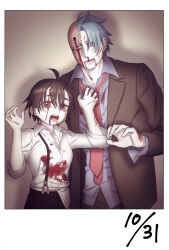 Rule 34 | 1boy, 1girl, ahoge, black suit, bleeding from forehead, blood, blood on clothes, blood on face, blue shirt, cosplay, costume switch, dated, formal, fukuda tamotsu, fukuda tamotsu (cosplay), hair over one eye, hands up, highres, hole in head, hondoumachi koharu, hondoumachi koharu (cosplay), id :invaded, kinakkon, long sleeves, looking at viewer, necktie, photo inset, red eyes, red necktie, shirt, standing, suit, suspenders, white shirt, yellow eyes