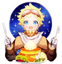 Rule 34 | 1boy, alternate costume, artist name, blonde hair, blue eyes, blush, bright pupils, cake, fate/grand order, fate/requiem, fate (series), food, fork, fruit, gloves, glowing, goggles, goggles on head, kiwi (fruit), knife, looking at viewer, male focus, meiji ken, napkin, open mouth, orange (fruit), parted bangs, raspberry, scarf, sky, smile, solo, sparkling eyes, star (sky), star (symbol), starry background, starry sky, upper body, voyager (fate), voyager (third ascension) (fate), yellow scarf