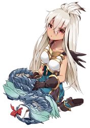 Rule 34 | 10s, 1girl, 218, ahoge, armor, armored dress, bare shoulders, blue dress, blush, breasts, dark-skinned female, dark skin, dragon, dress, gloves, granblue fantasy, lap pillow, long hair, looking at viewer, red eyes, seiza, sitting, sleeping, solo, thighhighs, very long hair, white hair, wyvern, zooey (granblue fantasy)