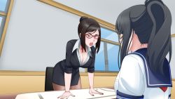 Rule 34 | 2girls, age difference, angry, ayano aishi, black hair, choker, formal, genka kunahito, lipstick, looking at another, makeup, miniskirt, multiple girls, open mouth, pantyhose, pencil skirt, ponytail, school uniform, serious, sitting, skirt, skirt suit, standing, suit, teacher, teacher and student, yandere, yandere simulator