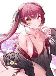 Rule 34 | 1girl, bare shoulders, bikini, bikini under clothes, black jacket, black ribbon, blush, breasts, cleavage, collarbone, cpqm, earrings, gloves, hair between eyes, hair ornament, hair ribbon, hairclip, heart, heart-shaped pupils, heart earrings, heart necklace, heterochromia, highres, hololive, houshou marine, houshou marine (summer), jacket, jewelry, large breasts, long hair, long sleeves, looking at viewer, nail polish, necklace, o-ring, o-ring thigh strap, off shoulder, open clothes, open jacket, pink nails, red bikini, red eyes, red hair, ribbon, simple background, sitting, solo, starfish, swimsuit, symbol-shaped pupils, thigh strap, twintails, twitter username, virtual youtuber, water, white background, yellow eyes