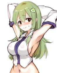 Rule 34 | 1girl, armpits, arms behind head, arms up, bare shoulders, black eyes, blush, breasts, closed mouth, collared shirt, crop top, frog hair ornament, furrowed brow, green eyes, green hair, hair between eyes, hair ornament, japanese clothes, kochiya sanae, long hair, looking at viewer, medium breasts, midriff, miko, navel, nontraditional miko, paragasu (parags112), shirt, sideboob, simple background, single sidelock, sleeveless, sleeveless shirt, smile, snake hair ornament, solo, sweatdrop, touhou, upper body, white background, white shirt
