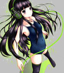Rule 34 | 1girl, bad leg, black hair, brown eyes, competition school swimsuit, headphones, long hair, neuron (exceed), one-piece swimsuit, original, school swimsuit, solo, swimsuit, thighhighs
