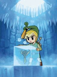 Rule 34 | 1boy, belt, blonde hair, brown belt, ezlo, green headwear, green tunic, highres, ice, ice cube, indoors, key, link, male focus, nintendo, official art, open mouth, pointy ears, short hair, solo, sword, the legend of zelda, the legend of zelda: the minish cap, third-party source, weapon, weapon on back