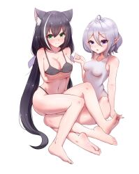 Rule 34 | 2girls, animal ears, barefoot, karyl (princess connect!), kokkoro (princess connect!), long hair, multiple girls, one-piece swimsuit, pointy ears, princess connect!, swimsuit, taichi suzuki, white background, white hair, white one-piece swimsuit