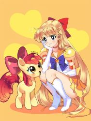 Rule 34 | 1990s (style), 1girl, aino minako, apple bloom, bishoujo senshi sailor moon, blonde hair, blue bow, blue eyes, blush, boots, bow, breasts, brooch, colored skin, crossover, earrings, elbow gloves, eye contact, from side, full body, gloves, grin, hair bow, half updo, hand on own cheek, hand on own face, happy, heart, heart background, high heel boots, high heels, jewelry, juby, knee boots, layered skirt, legs together, long hair, looking at another, looking down, looking up, magical girl, miniskirt, my little pony, my little pony: friendship is magic, orange background, orange eyes, orange skirt, orange theme, parted bangs, pink bow, pleated skirt, pony (animal), red bow, red hair, retro artstyle, ribbon, sailor venus, school uniform, serafuku, shadow, signature, skirt, small breasts, smile, spoken heart, squatting, star (symbol), star brooch, stud earrings, super sailor venus (stars), thighs, trait connection, very long hair, white footwear, white gloves, yellow bow, yellow skin, yellow skirt