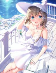 Rule 34 | 1girl, bare shoulders, blue eyes, blush, book, braid, breasts, brown hair, chair, cleavage, collarbone, crossed bangs, dress, glass table, green eyes, hair ribbon, hand on own head, hand up, hat, highres, large breasts, long hair, looking at viewer, masuishi kinoto, medium hair, multicolored eyes, open mouth, original, ribbon, side braid, sitting, smile, solo, sun hat, table, white dress