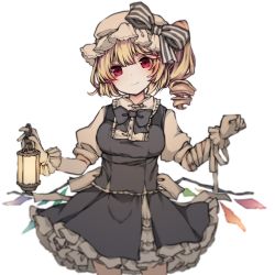 Rule 34 | 1girl, asymmetrical wings, bandaged arm, bandages, black bow, black bowtie, black skirt, black vest, blonde hair, bow, bowtie, closed mouth, cowboy shot, flandre scarlet, gloves, hair ornament, hat, hat bow, head tilt, joou heika (precare deum), lantern, mob cap, puffy short sleeves, puffy sleeves, red eyes, short hair, short sleeves, side ponytail, simple background, skirt, smile, solo, striped, striped bow, touhou, vest, white background, white gloves, white hat, wings, x hair ornament