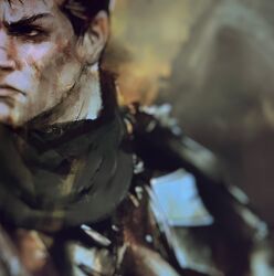 Rule 34 | 1boy, armor, berserk, black hair, black scarf, blurry, blurry background, closed mouth, guts (berserk), highres, raquelcornejo, scar, scar on face, scar on nose, scarf, solo, unfinished