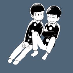 Rule 34 | 2boys, bad id, bad twitter id, black hair, blue background, bowl cut, brothers, child, closed eyes, crossed arms, greyscale, greyscale with colored background, himoshiki, looking at another, male focus, matching outfits, matsuno ichimatsu, matsuno karamatsu, monochrome, multiple boys, osomatsu-kun, osomatsu (series), own hands together, siblings, simple background, sitting, smile, socks, wing collar