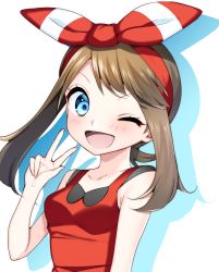 Rule 34 | 1girl, ;d, bad id, bad pixiv id, blue eyes, bow, breasts, brown hair, collarbone, creatures (company), game freak, hair bow, hairband, long hair, looking at viewer, may (pokemon), nintendo, one eye closed, open mouth, pokemon, pokemon oras, red bow, red hairband, red shirt, shadow, shirt, simple background, sleeveless, sleeveless shirt, small breasts, smile, solo, striped, striped bow, twintails, upper body, w, white background, yuihico