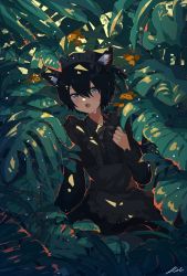 Rule 34 | 1girl, :o, animal ears, apron, black apron, black dress, black hair, cat ears, cat girl, collared dress, dappled sunlight, dress, fang, frills, grey eyes, highres, kgt (pixiv12957613), leaf, long sleeves, looking at viewer, maid, maid apron, maid headdress, open mouth, original, outdoors, scenery, solo, sunlight, sweat, thighhighs