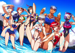Rule 34 | 6+girls, ;), abs, ahoge, annotated, armpits, bikini, black hair, blue-tinted eyewear, blue hair, blue sky, braid, breakdown (transformers), breasts, cleavage, clothing cutout, competition swimsuit, dark-skinned female, dark skin, day, decepticon, dog tags, dreadwing, flat chest, food, gas mask, genderswap, genderswap (mtf), green bikini, grin, hair over one eye, hand on own hip, highres, ice cream, ice cream cone, knockout (transformers), large breasts, lens flare, long hair, mask, medium breasts, megatron, multicolored hair, multiple girls, muscular, muscular female, nail polish, navel, navel cutout, ocean, one-piece swimsuit, one eye closed, open mouth, personification, purple hair, purple nails, red eyes, red hair, ryuusei (mark ii), shockwave (transformers), short hair, single braid, sky, skyquake, small breasts, smile, soundwave (transformers), starscream, streaked hair, summer, sunglasses, swimsuit, tankini, tinted eyewear, transformers, transformers prime, two-tone hair, very long hair, visor, wading, water, water gun, white hair, yellow eyes