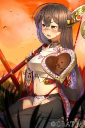 Rule 34 | 1girl, bandages, bandaid, bandaid on face, bandaid on nose, black hair, blush, candy, chocolate, chocolate heart, food, grass, hair ornament, heart, highres, kneeling, long hair, looking away, midriff, momohime ryouran! sengoku asuka, mossari poteto, navel, open mouth, polearm, red eyes, sky, solo, spear, thighhighs, weapon