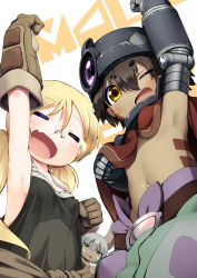 Rule 34 | 1boy, 1girl, androgynous, animal ears, blonde hair, breasts, brown hair, closed eyes, fur, glasses, gloves, green eyes, highres, long hair, made in abyss, mechanical arms, nanachi (made in abyss), nejime, regu (made in abyss), riko (made in abyss), topless male, sideboob, smile, white hair, yellow eyes