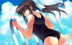 Rule 34 | 1girl, ass, black one-piece swimsuit, chain-link fence, cloud, day, dutch angle, fence, from behind, hair ribbon, highres, long hair, looking back, matsumoto noriyuki, one-piece swimsuit, parted lips, ponytail, pool, pool ladder, poolside, ribbon, school swimsuit, solo, swimsuit, wallpaper, wet