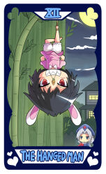 Rule 34 | 2girls, animal ears, bamboo, bamboo forest, barefoot, black hair, bloomers, carrot necklace, clenched teeth, cloud, cloudy sky, colonel aki, cross, dress, forest, full moon, hanging, heart, inaba tewi, jewelry, long hair, moon, multiple girls, nature, necklace, pink dress, rabbit ears, rabbit girl, red cross, red eyes, short hair, sky, tarot, tarot (medium), teeth, the hanged man (tarot), touhou, underwear, upside-down, white hair, yagokoro eirin