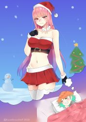 Rule 34 | 2girls, alternate costume, aqua hair, bare shoulders, bed, black gloves, blanket, blush, breasts, christmas tree, cleavage, closed mouth, collarbone, commentary, cowboy shot, detached collar, dreaming, drooling, embarrassed, english commentary, gloves, gradient hair, groin, hand on own chest, hat, highres, hololive, hololive english, kuroeart, long hair, looking at viewer, medium breasts, midriff, miniskirt, mori calliope, multicolored hair, multiple girls, navel, orange hair, pink hair, pleated skirt, purple hair, red eyes, red headwear, red skirt, saliva, santa costume, santa hat, skirt, sleeping, snowman, straight hair, strapless, takanashi kiara, thighhighs, thought bubble, tube top, twitter username, two-tone hair, virtual youtuber, wavy mouth, white thighhighs, zettai ryouiki