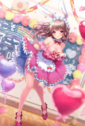 Rule 34 | 1girl, absurdres, animal ears, balloon, bell, blurry, blurry foreground, blush, breasts, brown hair, chalkboard, classroom, cleavage, closed mouth, collar, dress, earrings, fake animal ears, floating hair, frilled collar, frilled dress, frills, heart, highres, indoors, jewelry, large breasts, lips, long hair, looking at viewer, maid headdress, neck bell, off-shoulder dress, off shoulder, original, pink dress, pink eyes, pink footwear, pom pom (clothes), pom pom earrings, rabbit ears, red ribbon, ribbon, rifuru, see-through, skirt hold, solo