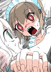 Rule 34 | 2girls, absurdres, apron, barikios, blush, collar, commentary request, fangs, frills, highres, maid, maid apron, maid headdress, multiple girls, open mouth, original, red eyes, saliva, short hair, vampire