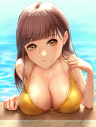 Rule 34 | 1girl, absurdres, backlighting, bad id, bad pixiv id, bikini, blunt bangs, breast rest, breasts, brown eyes, brown hair, chromatic aberration, cleavage, day, dripping, elbow rest, expressionless, gold bikini, hands up, highres, large breasts, long hair, looking at viewer, original, outdoors, pool, poolside, solo, string bikini, sunlight, sushinokeshin, swimsuit, upper body, water, wet
