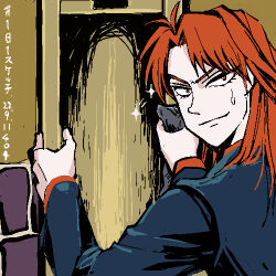 Rule 34 | 1boy, brown background, closed mouth, commentary request, dated, formal, ichijou seiya, jacket, kaiji, long hair, long sleeves, looking at viewer, looking back, lowres, male focus, medium bangs, parted bangs, red hair, shirt, smile, solo, sparkle, suit, sweatdrop, unknown03162, upper body