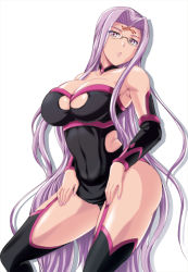 Rule 34 | 1girl, bare shoulders, black panties, black thighhighs, breasts, cleavage, cleavage cutout, clothing cutout, covered navel, fate/stay night, fate (series), female focus, garter straps, glasses, gloves, kumoi takashi, large breasts, long hair, looking at viewer, medusa (fate), medusa (rider) (fate), medusa (rider) (third ascension) (fate), nail polish, panties, parted lips, purple eyes, purple hair, rimless eyewear, solo, square pupils, standing, thighhighs, underwear, very long hair