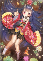 Rule 34 | 1girl, black hair, bud (znehgneh2), butterfly ornament, fish, flower, from above, geta, hair ornament, highres, horns, koi, lolita fashion, long hair, long sleeves, looking at viewer, lotus, lying, mask, obi, on back, oni horns, original, outstretched arm, reaching, reaching towards viewer, red eyes, sandals, sash, short eyebrows, solo, tabi, very long hair, wa lolita, water, wide sleeves, xlavhzhr04, zouri