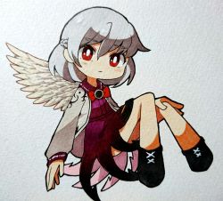 Rule 34 | 1girl, bad id, bad pixiv id, black footwear, blush stickers, boots, bow, bowtie, braid, bright pupils, chibi, dress, floating, highres, jacket, kishin sagume, long sleeves, looking at viewer, marker (medium), photo (medium), purple dress, red bow, red bowtie, red eyes, sasa kichi, silver hair, solo, touhou, traditional media, white jacket, white wings, wings