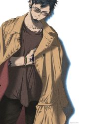Rule 34 | 1boy, alternate costume, arm tattoo, black eyes, black hair, black pants, brown shirt, chest tattoo, coat, contrapposto, cowboy shot, facial hair, goatee, highres, long sideburns, looking to the side, male focus, one piece, open clothes, open coat, orange coat, pants, pectorals, pinattsu, shirt, short hair, sideburns, solo, sunglasses, tattoo, toned, toned male, trafalgar law