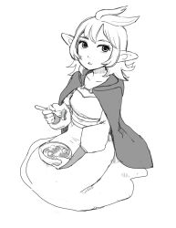 Rule 34 | 1girl, bowl, cape, dungeon meshi, elf, fionil (dungeon meshi), food, fork, greyscale, monochrome, naotan, pointy ears, short hair, simple background, solo