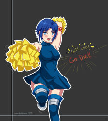 Rule 34 | 00s, 1girl, arm up, armpits, bad id, bad tumblr id, bare shoulders, blue eyes, blue hair, blue thighhighs, blush, boots, breasts, cheering, cheerleader, ciel (tsukihime), dress, english text, highres, looking at viewer, matching hair/eyes, oceanbellereine, open mouth, pom pom (cheerleading), simple background, skirt, solo, tattoo, thighhighs, tsukihime, zettai ryouiki