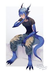 Rule 34 | 1boy, animal feet, black shirt, blue hair, blue scales, camouflage, camouflage pants, claws, commission, dragon boy, dragon horns, dragon tail, fingernails, hand up, horns, looking at viewer, monster boy, original, pants, pants rolled up, pointy ears, scales, sharp fingernails, shirt, short hair, sitting, skeb commission, slit pupils, spikes, tail, yellow eyes, yuzu shio