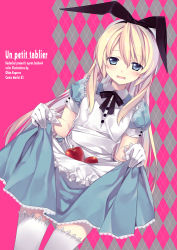 Rule 34 | 1girl, :d, alice (alice in wonderland), alice in wonderland, animal ears, apple, apron, argyle, argyle background, argyle clothes, blonde hair, blue eyes, blush, cover, cover page, dress, english text, fake animal ears, food, french text, fruit, gloves, hairband, long hair, ooba kagerou, open mouth, rabbit ears, skirt basket, skirt hold, smile, solo, thighhighs, white gloves, white thighhighs